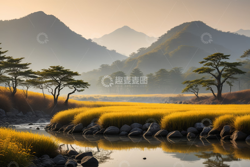 高清大图下载【趣麦麦图】山间河畔清晨自然风光