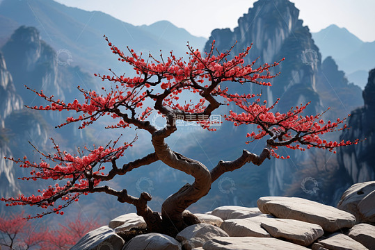 山间红梅盆景与远山景观