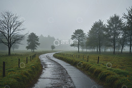 雾中乡村道路与树林景观