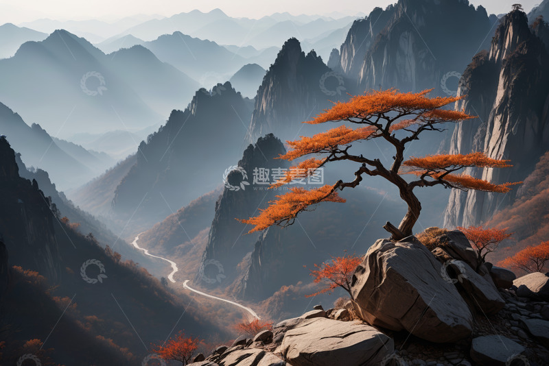 高清大图下载【趣麦麦图】山间孤树与蜿蜒山路风景