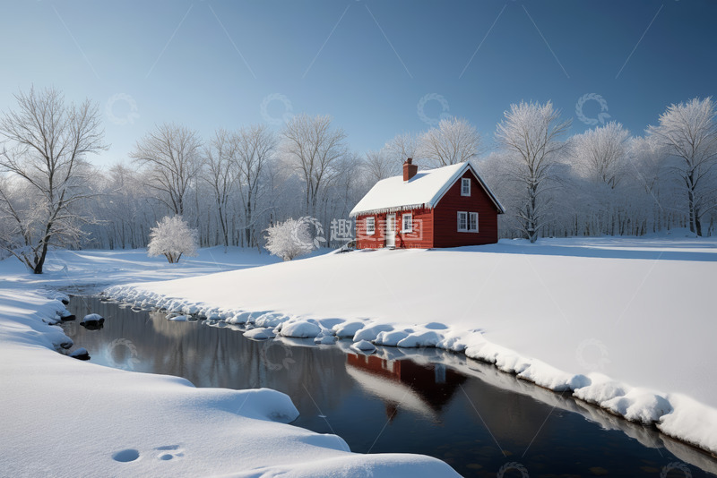 高清大图下载【趣麦麦图】冬日雪景中的红色小屋