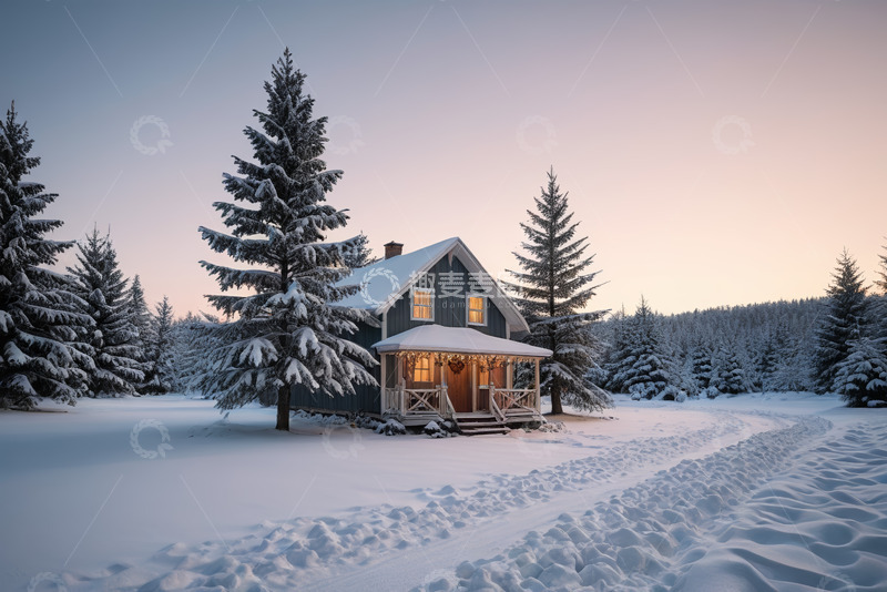 高清大图下载【趣麦麦图】雪后林间小屋温馨雪景