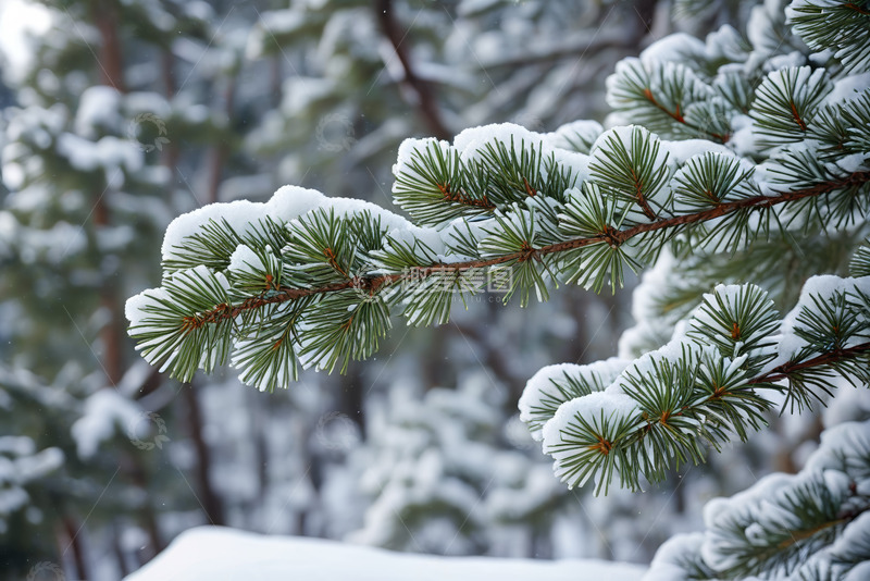 高清大图下载【趣麦麦图】积雪覆盖的松树枝特写