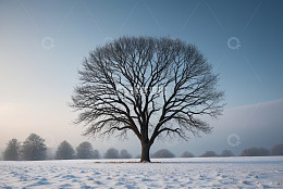 雪地上的单棵光秃树木