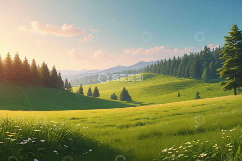 高清大图下载【趣麦麦图】阳光照耀下的山林草地风光