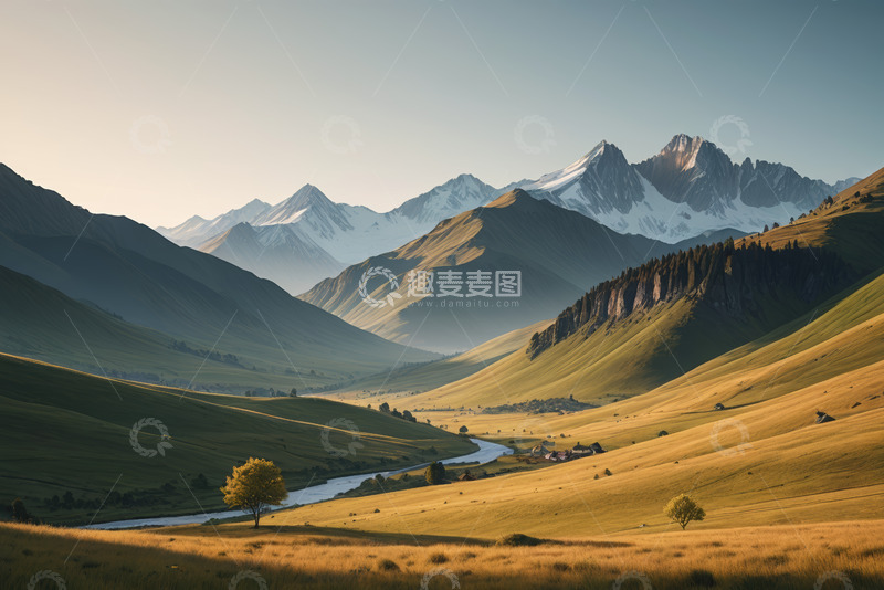 高清大图下载【趣麦麦图】山谷间的草原与雪山自然风光