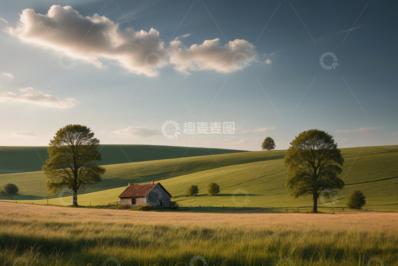 高清大图下载【趣麦麦图】乡村草原上的小屋与树木