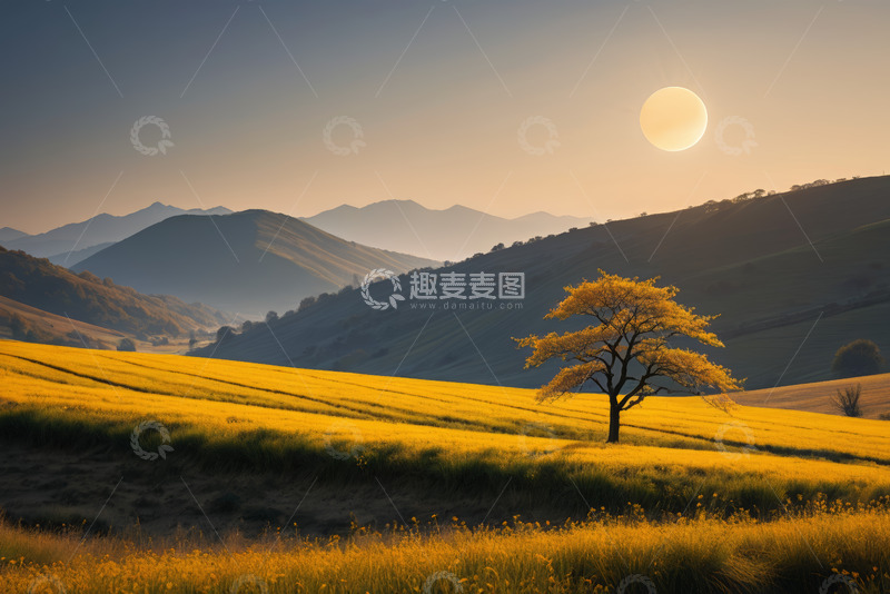 高清大图下载【趣麦麦图】夕阳下的田野与孤树风景