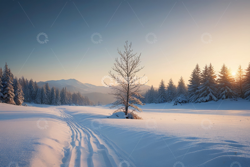 高清大图下载【趣麦麦图】冬日雪覆盖的森林与远山景色