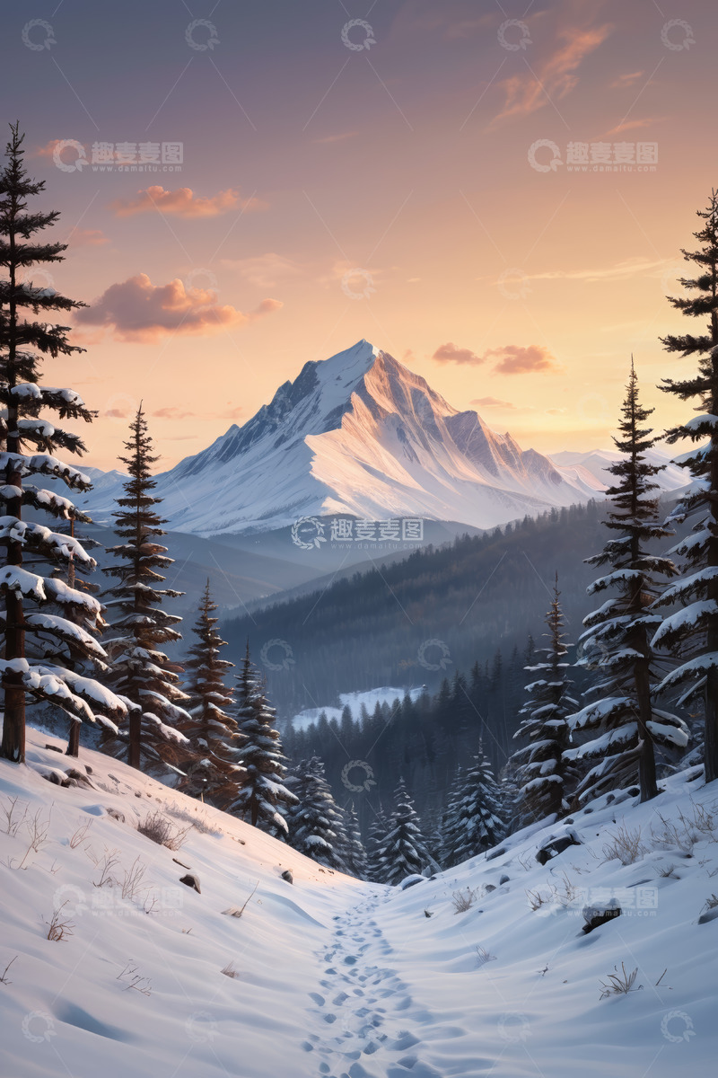 高清大图下载【趣麦麦图】雪山森林冬日雪景全景