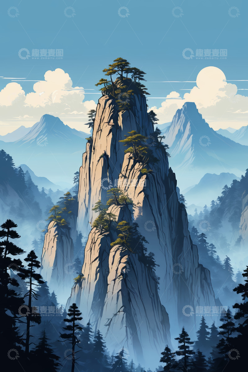 高清大图下载【趣麦麦图】山间高耸山峰与松林景色