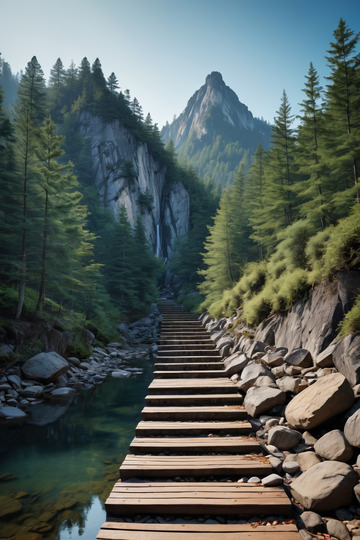 山间木栈道与森林山水景观