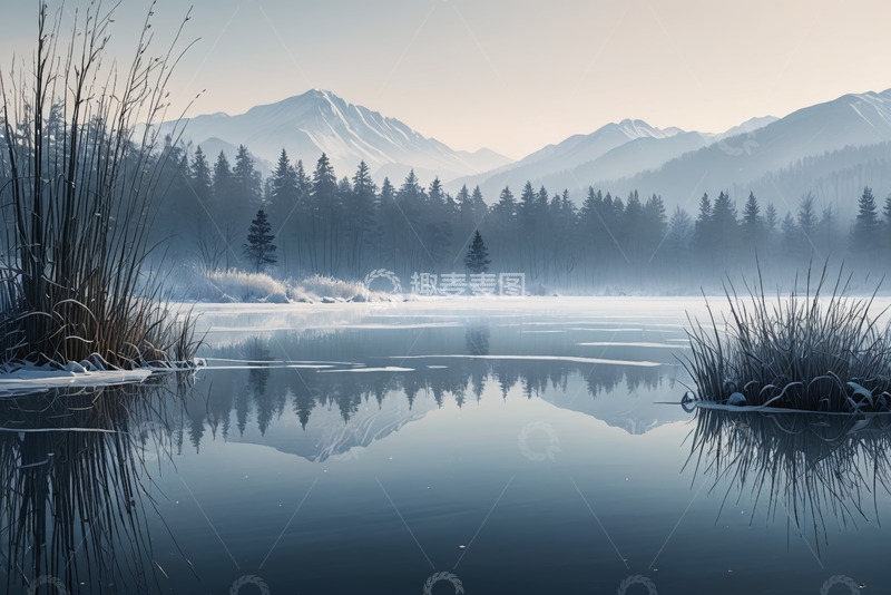 高清大图下载【趣麦麦图】冬季山林中的宁静湖泊景观