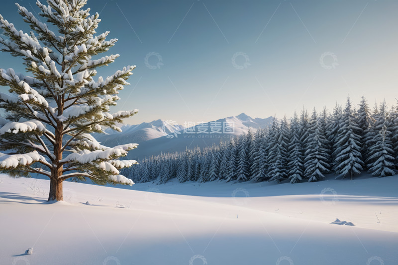 高清大图下载【趣麦麦图】雪覆盖的森林与远处山脉景观