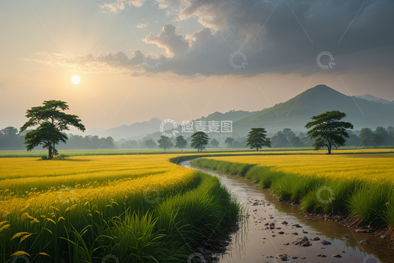 高清大图下载【趣麦麦图】田野间的溪流与日落景观