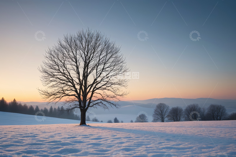 高清大图下载【趣麦麦图】雪地上的孤独树木与远山景色