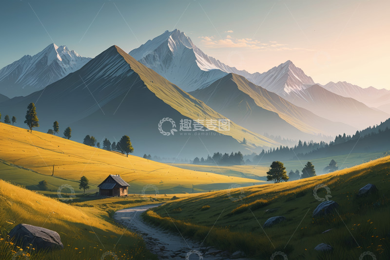 高清大图下载【趣麦麦图】山间草地小屋自然风光