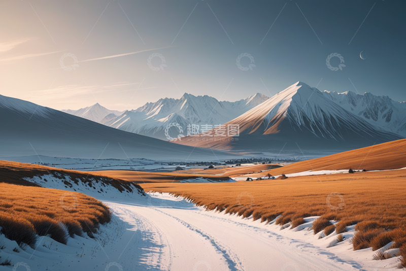 高清大图下载【趣麦麦图】雪山下道路与草原雪景