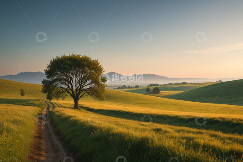 高清大图下载【趣麦麦图】田野中孤树与蜿蜒小路景观