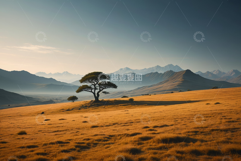 高清大图下载【趣麦麦图】旷野孤树与远山自然风光