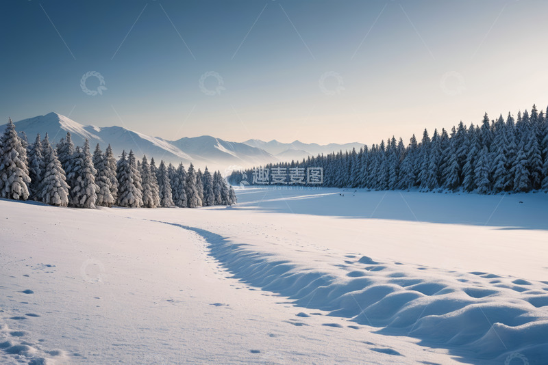 高清大图下载【趣麦麦图】雪覆山林与远山的冬日景象