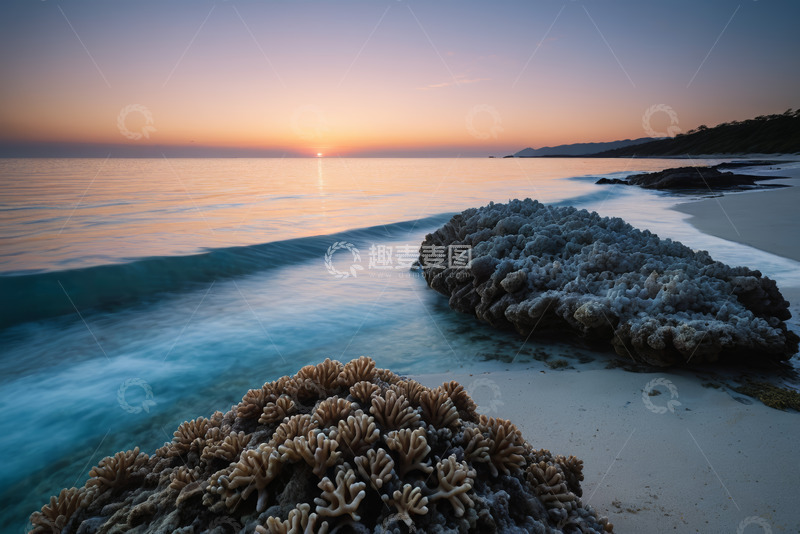 高清大图下载【趣麦麦图】海滩日出时的珊瑚与海浪景观