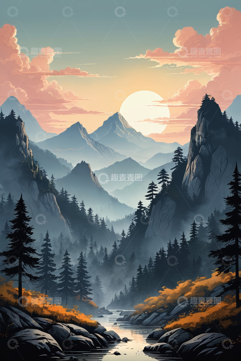 高清大图下载【趣麦麦图】山林间日落自然风光