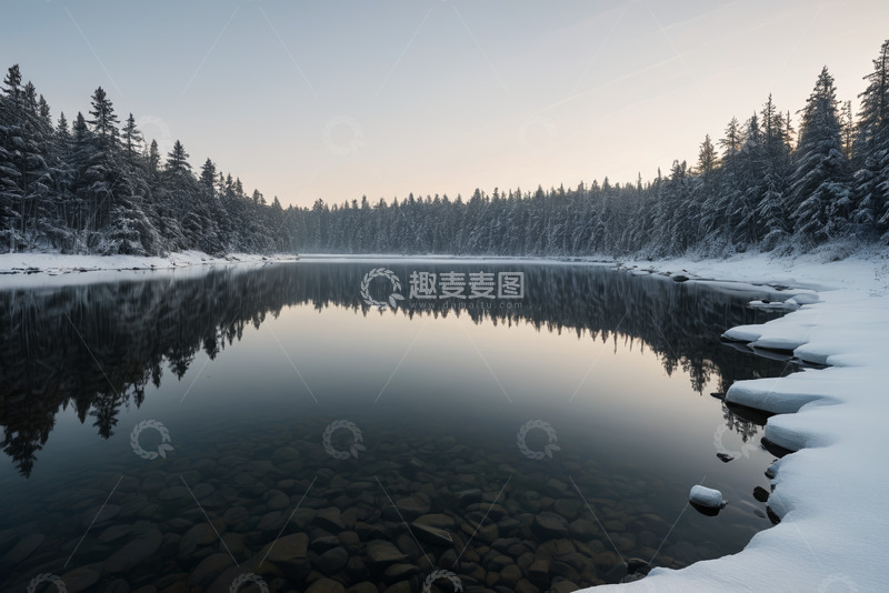 高清大图下载【趣麦麦图】冬日雪覆森林边的宁静湖泊