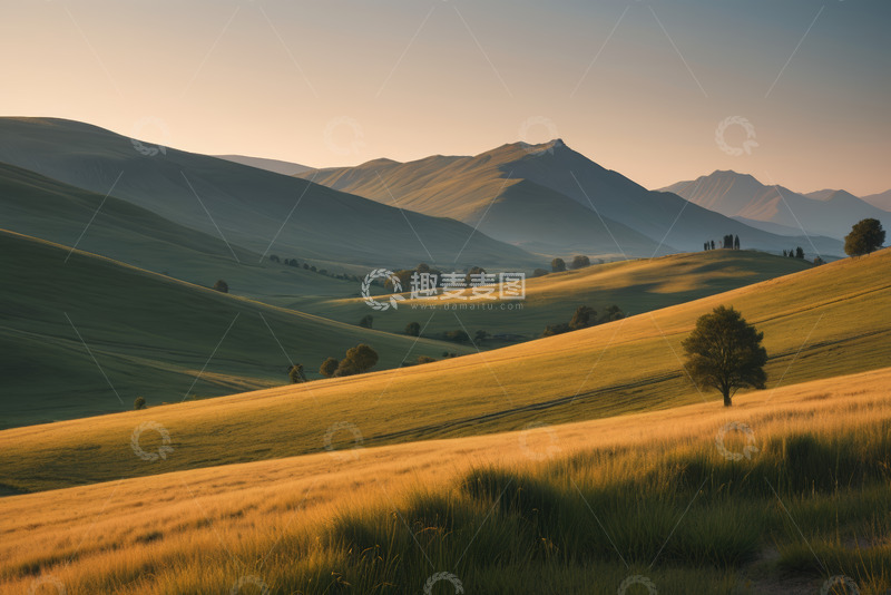 高清大图下载【趣麦麦图】黄昏时分的山丘草原风光