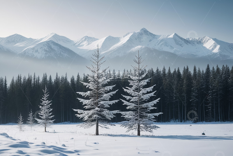 高清大图下载【趣麦麦图】雪山下的雪覆森林景观