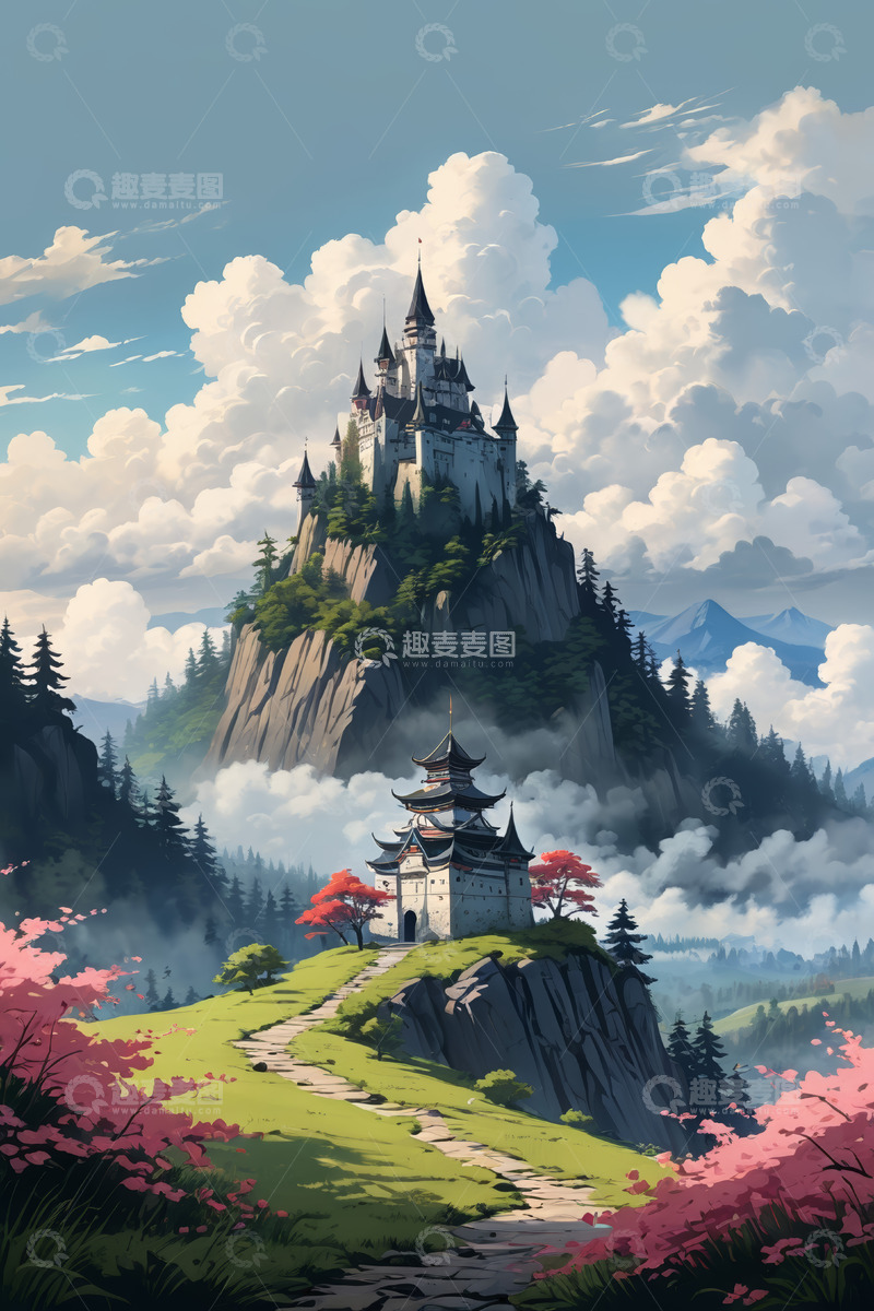 高清大图下载【趣麦麦图】山间城堡与中式建筑风景