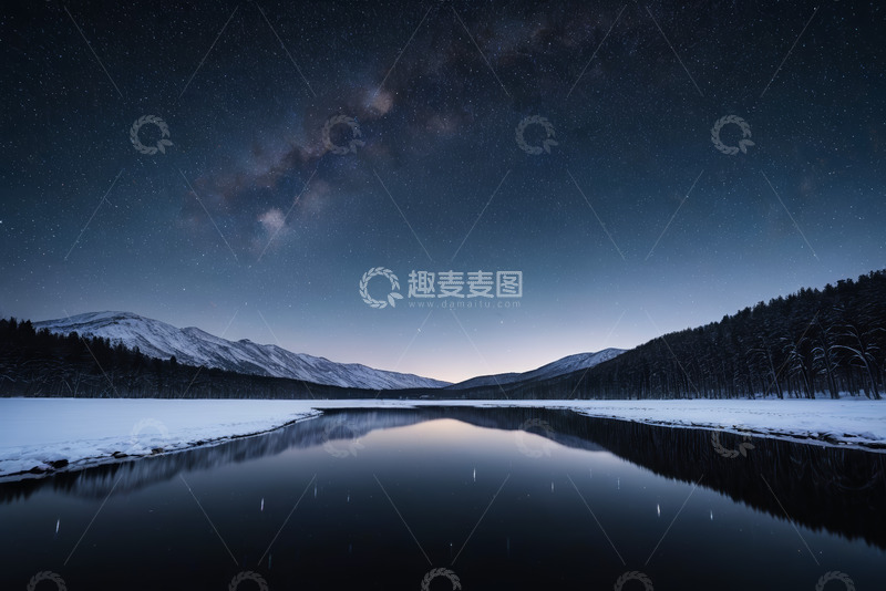 高清大图下载【趣麦麦图】雪夜湖面星空自然风光