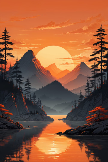 山间湖泊日落景色