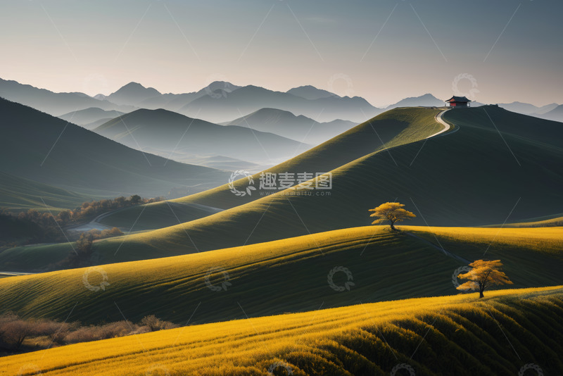 高清大图下载【趣麦麦图】山间黄绿相间田园风光