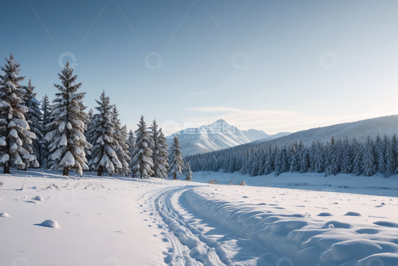 高清大图下载【趣麦麦图】雪地森林与远处雪山风景