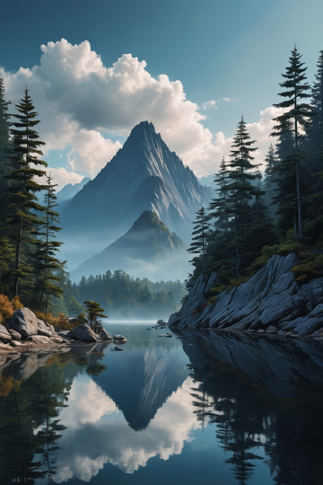 山林湖泊与云雾缭绕山峰