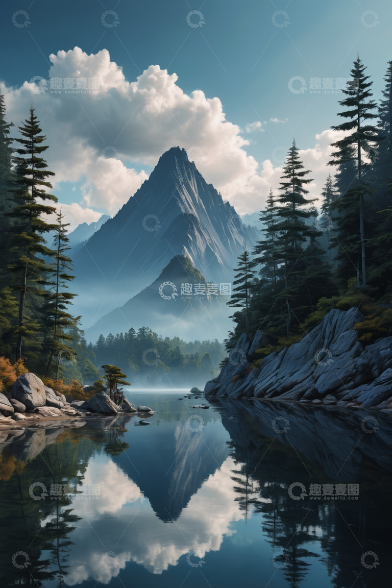 高清大图下载【趣麦麦图】山林湖泊与云雾缭绕山峰