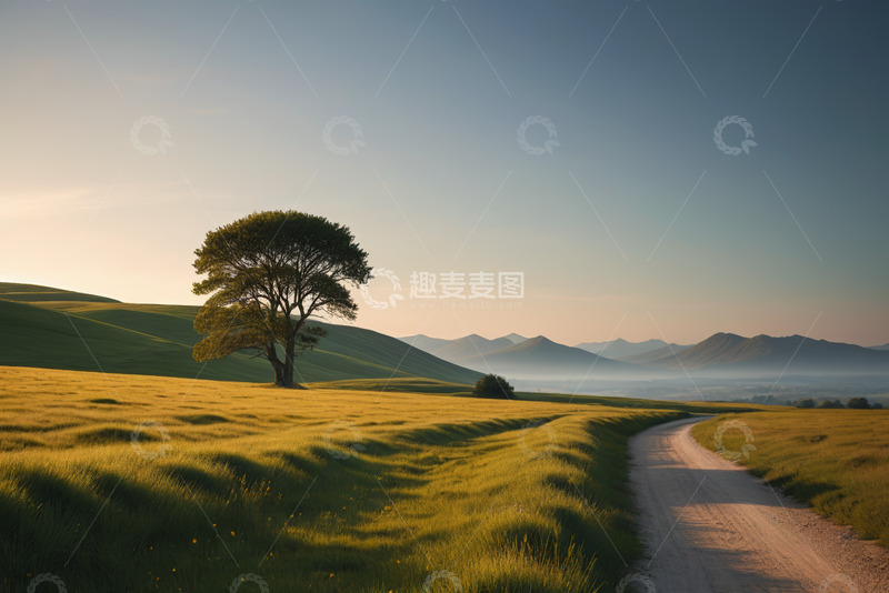 高清大图下载【趣麦麦图】田野中孤独树木与蜿蜒小道