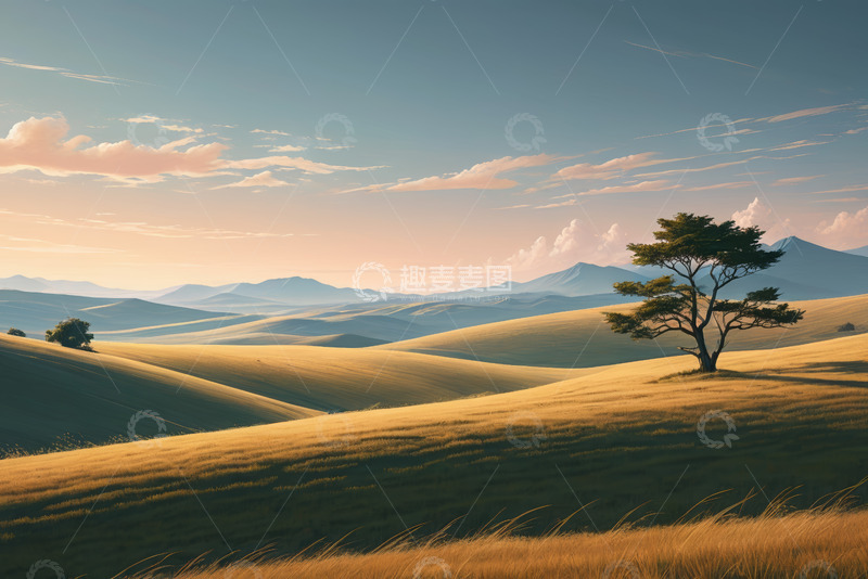 高清大图下载【趣麦麦图】广袤原野上的孤树与远山景观