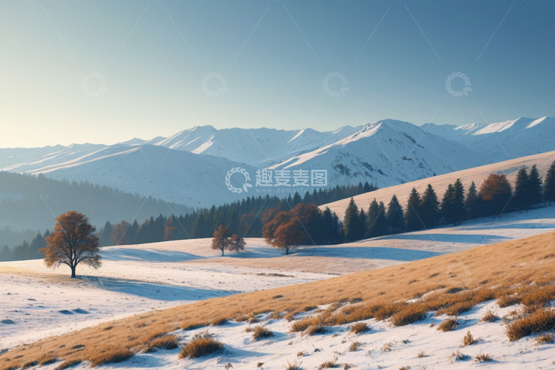 高清大图下载【趣麦麦图】雪覆山丘与山林的自然风光