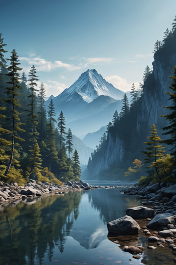 山林间宁静的河流与雪山景观