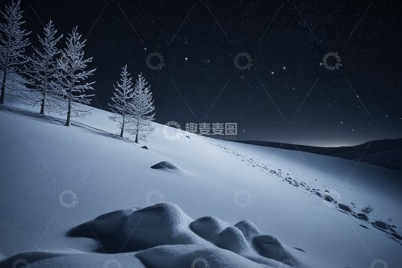高清大图下载【趣麦麦图】雪夜中的树木与雪地景观