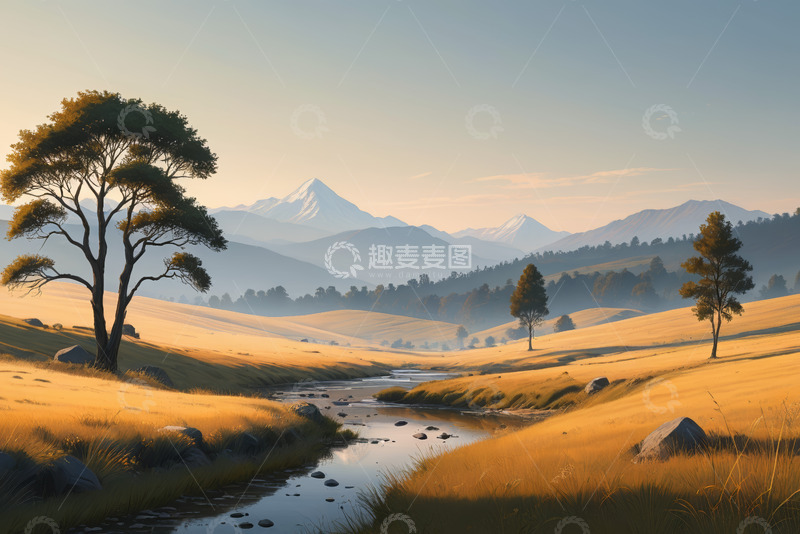 高清大图下载【趣麦麦图】山间草原小溪自然风光