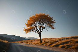 公路旁的秋日单棵树木风景