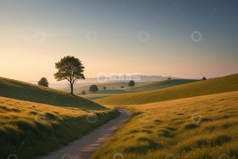 高清大图下载【趣麦麦图】田园草地间的孤树与小路