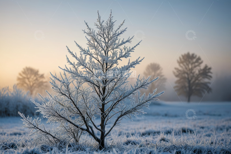 高清大图下载【趣麦麦图】覆霜小树的户外清晨景象