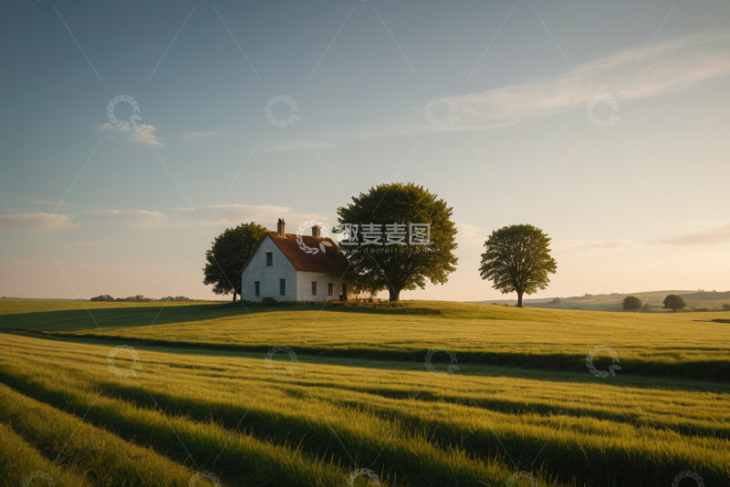 高清大图下载【趣麦麦图】田野中的小屋与绿树风光