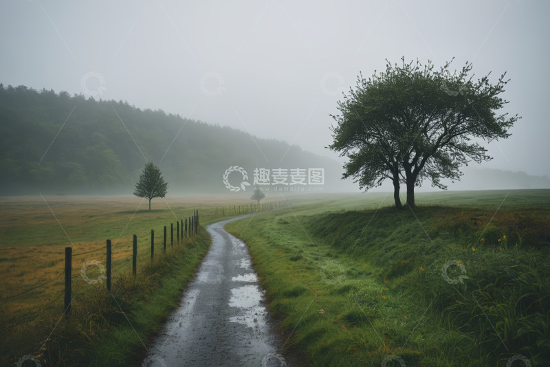 高清大图下载【趣麦麦图】雾中乡村小路与树木风景