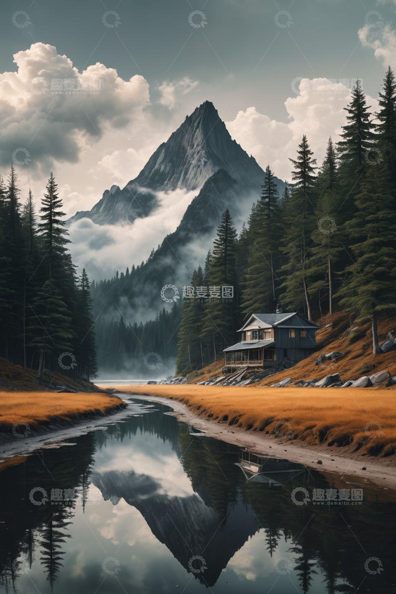 高清大图下载【趣麦麦图】山林间小屋与河流风景