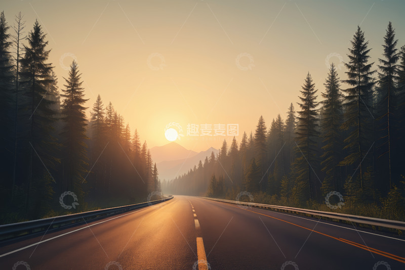 高清大图下载【趣麦麦图】林间公路日出景色